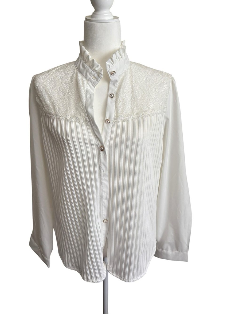 Amazon White Ruffled Lace Yoke Pleated Button-Front Blouse